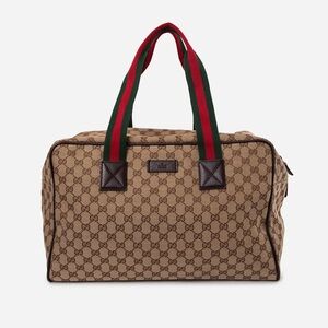 Gucci Beige Brown GG Canvas Web Travel Duffle Bag
